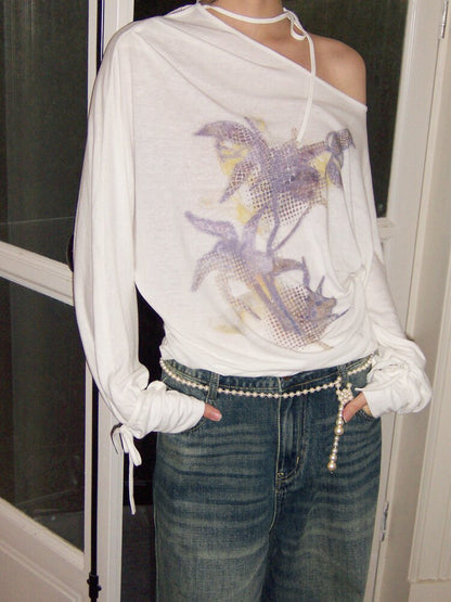 Mist Orchid Print Lace Up Top【s0000015457】
