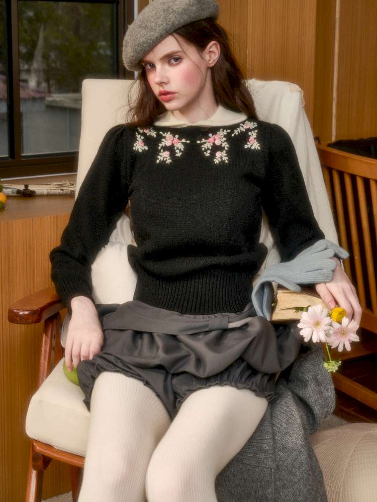 Wool Warm Hand-Embroidered Doll Collar Knit【s0000014893】