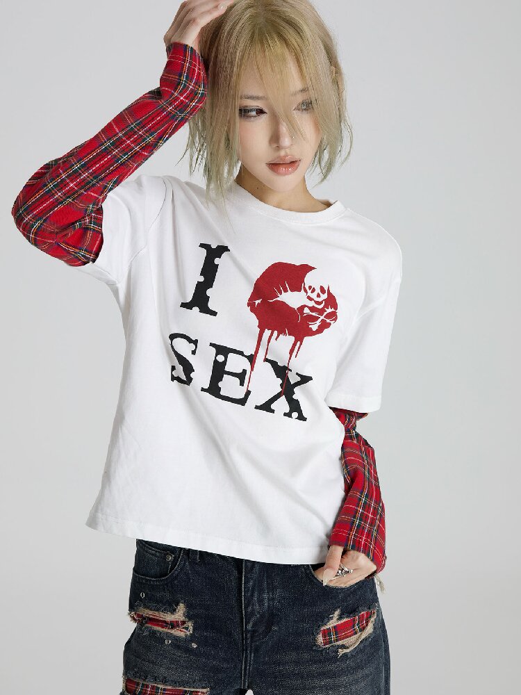 Red Plaid Patchwork Long T-Shirt【s0000018566】
