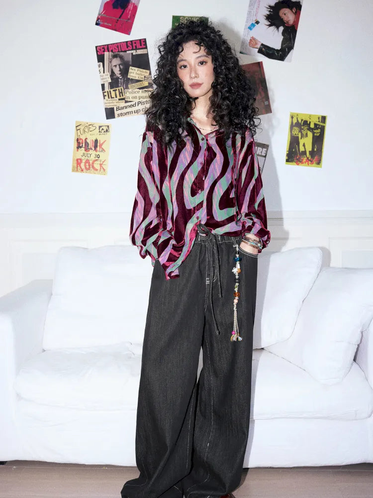 Washed elastic-waist wide-leg long jeans【s0000013990】