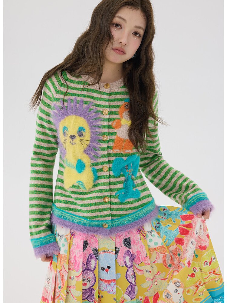 Striped Plush Cartoon Knit Cardigan【s0000016198】