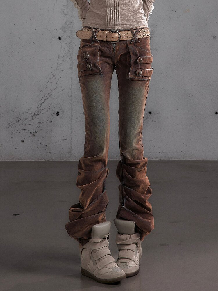 Distressed Pleated Low Rise Jeans【s0000019152】