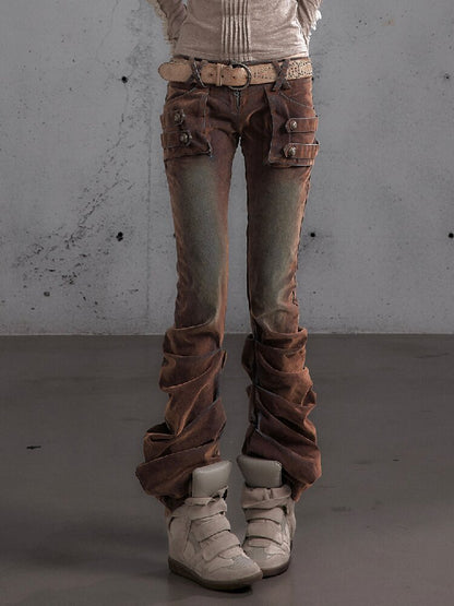 Distressed Pleated Low Rise Jeans【s0000019152】