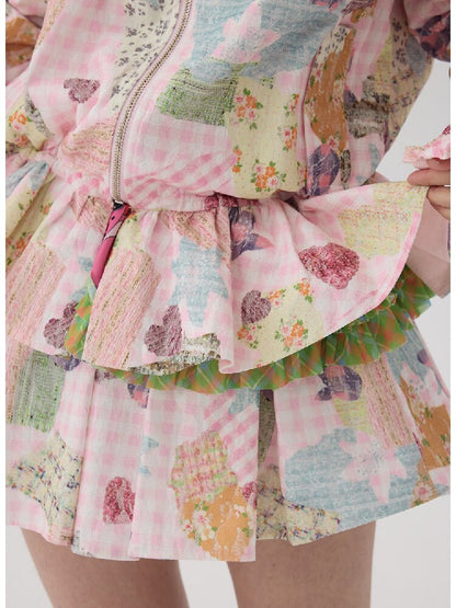 Pink Lace Print Collar Coat Suit【s0000016192】