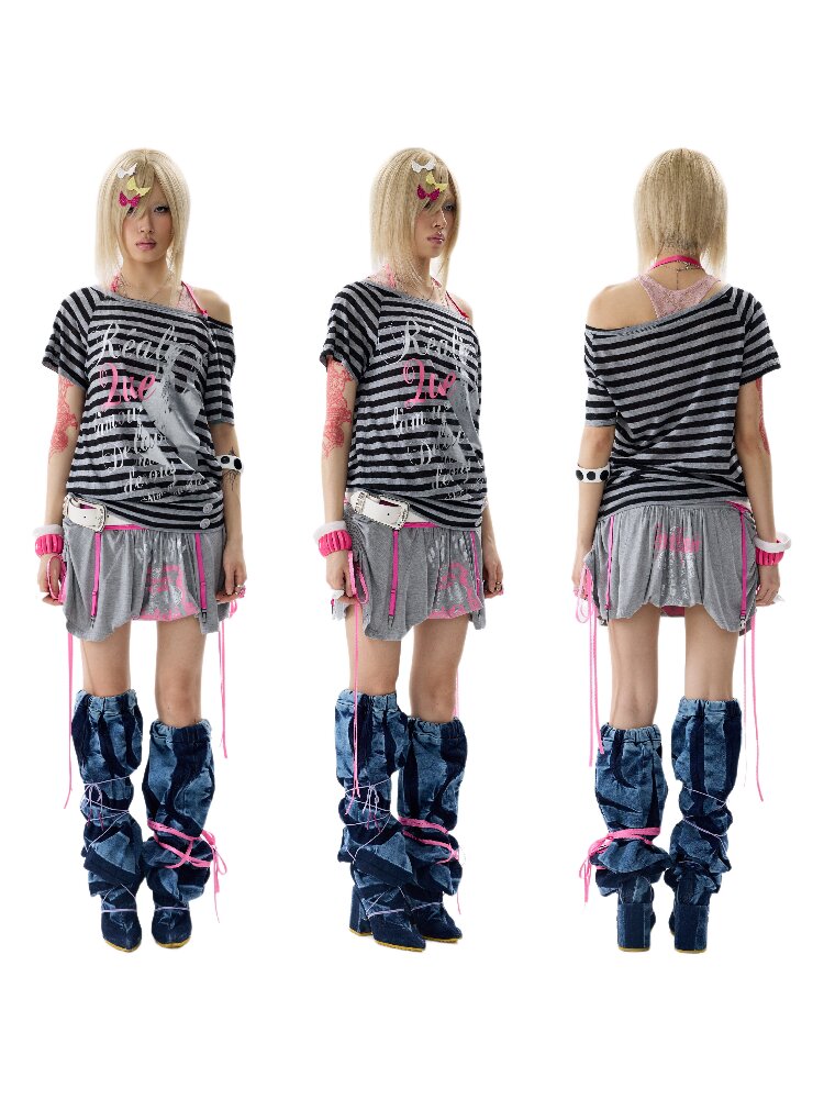Single Shoulder Striped Halter T Shirt【s0000017640】