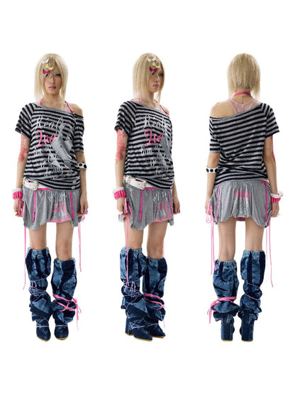 Single Shoulder Striped Halter T Shirt【s0000017640】