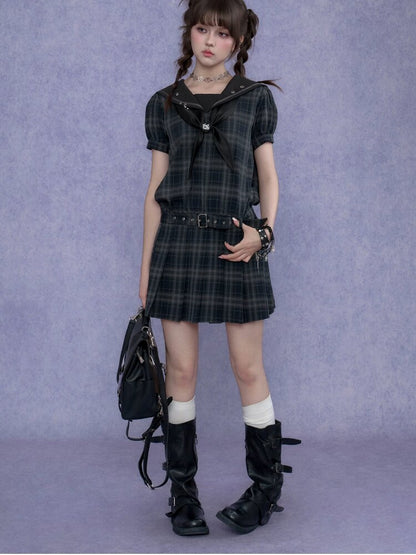 Street Academy Plaid Sailor Collar Dress【s0000017287】