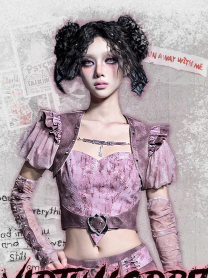 Puff Sleeve Heart-Print Strapless Two-Piece Top【s0000014027】