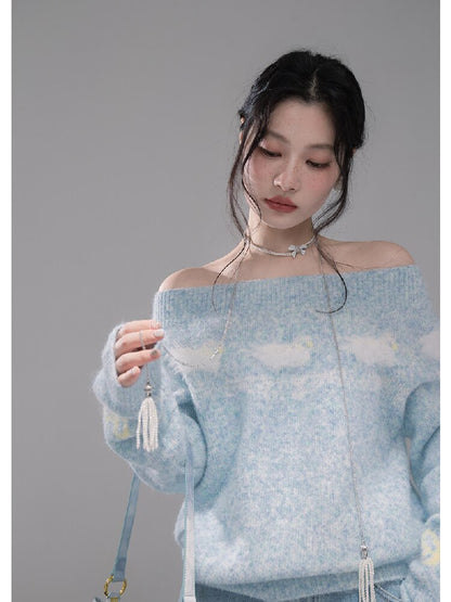 Blue One-Shoulder Jacquard Sweater【s0000015736】