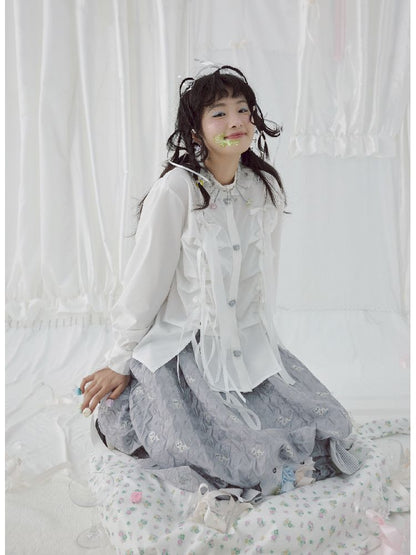 Bow Ribbon Pleated Cute Metal Button Blouse【s0000004650】