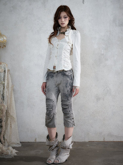Distressed Lace Print Cropped Pants【s0000017860】