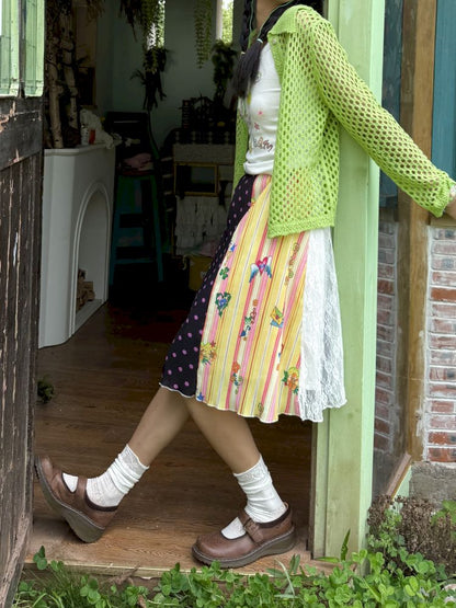 Patchwork lace print polka dot pleated skirt【s0000012769】