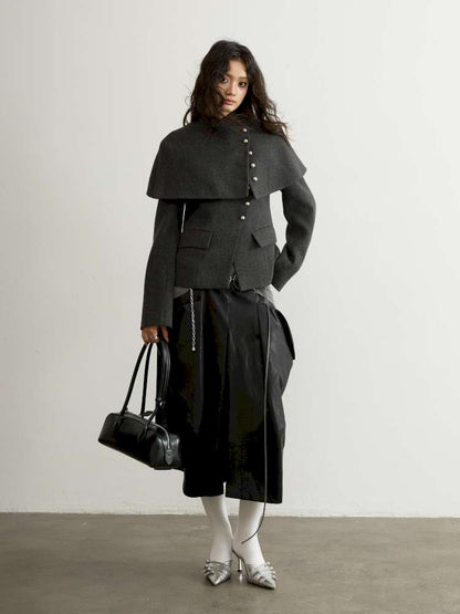 Removable Cape Gray Tweed Coat【s0000015192】