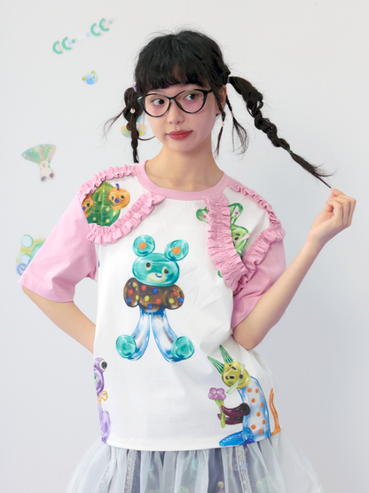 Candy print frilly lace cotton T-shirt【s0000009539】