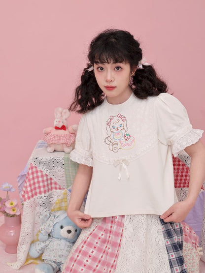 Lace Ribbon Bubble Sleeve T-Shirt【s0000012014】