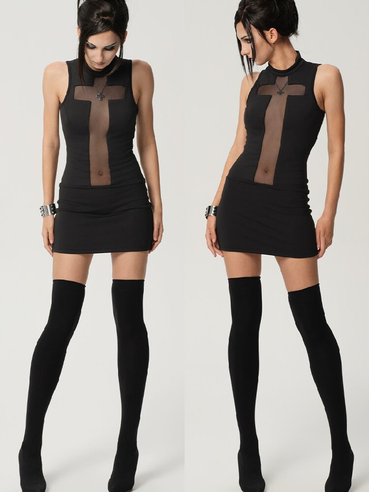 High-Neck Cross-Mesh Dress【s0000017468】
