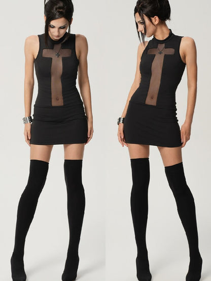 High-Neck Cross-Mesh Dress【s0000017468】