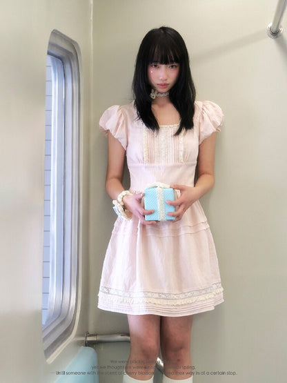 Pink Cotton Lace Bud Sleeve Dress【s0000016361】