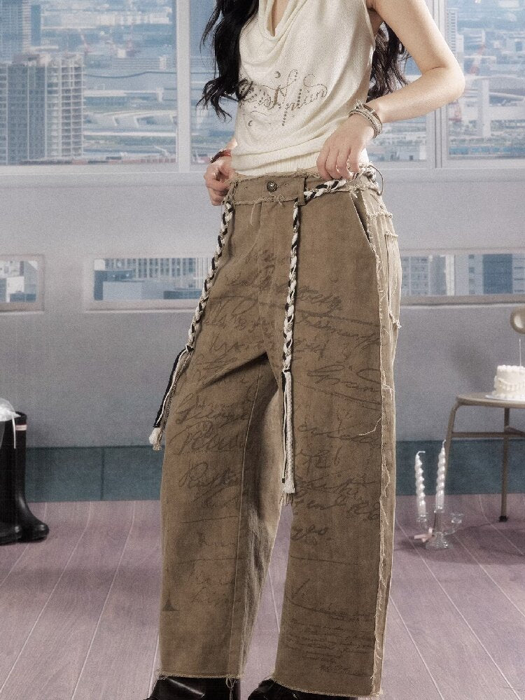 Retro Light Asian Letter Print Slacks【s0000016523】