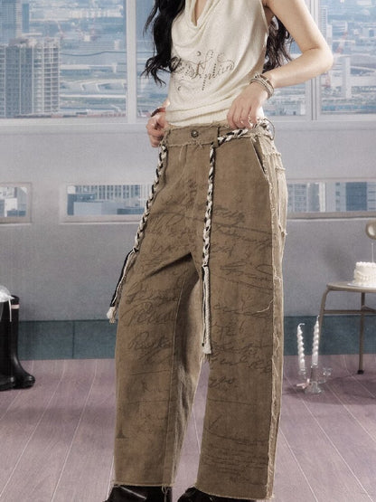 Retro Light Asian Letter Print Slacks【s0000016523】