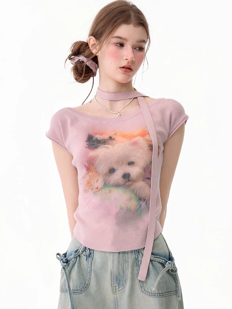 Puppy Print Slim Knitted Short T【s0000017671】