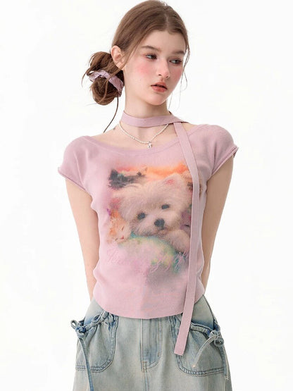 Puppy Print Slim Knitted Short T【s0000017671】