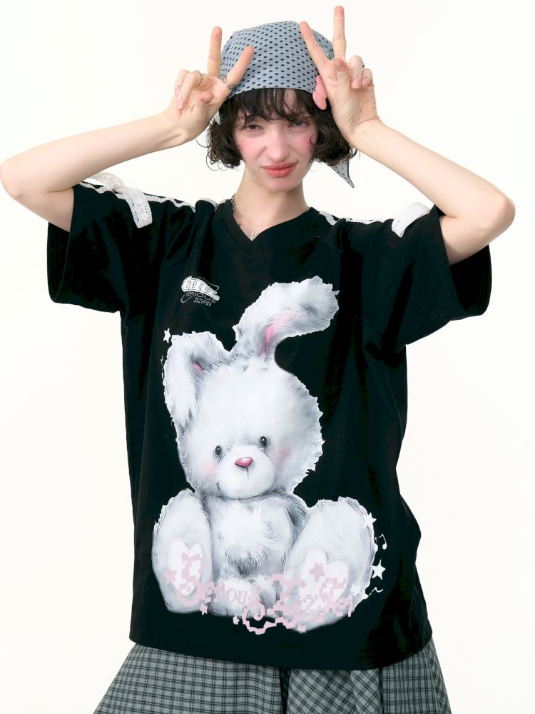 Rabbit print v-neck black short sleeve t-shirt【s0000013380】