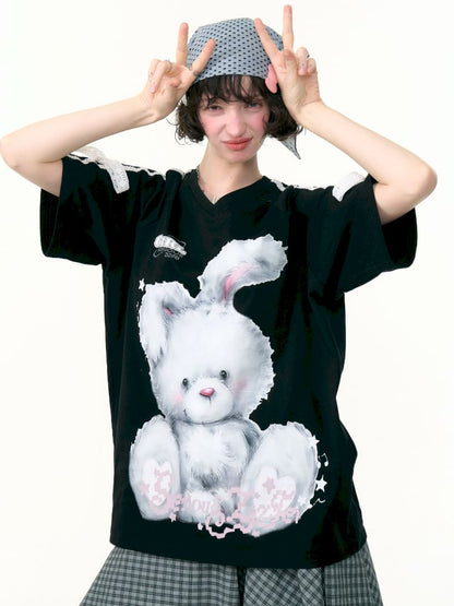 Rabbit print v-neck black short sleeve t-shirt【s0000013380】
