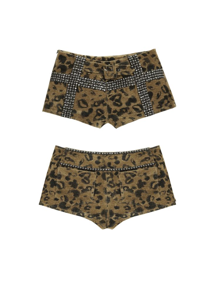 Heavy Gold Stamped Rivets Leopard Print Shorts【s0000008131】