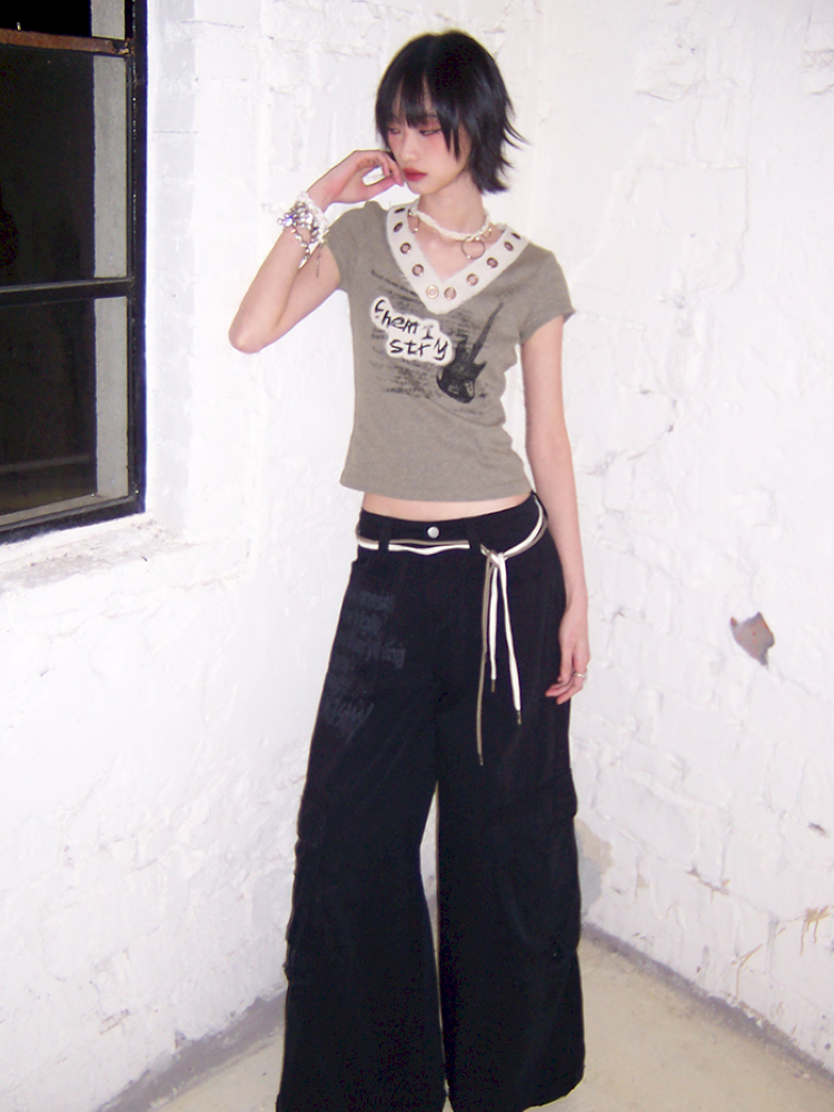 V-Neck Guitar Print Short Sleeve T-Shirt【s0000012424】