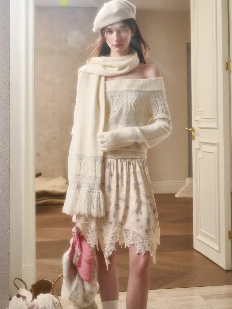 Fresh and Soft Cotton Sweater, Scarf, Floral Skirt【s0000014323】