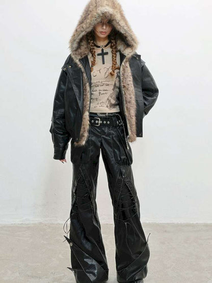 Fur Patchwork Flight Leather Jacket【s0000014838】