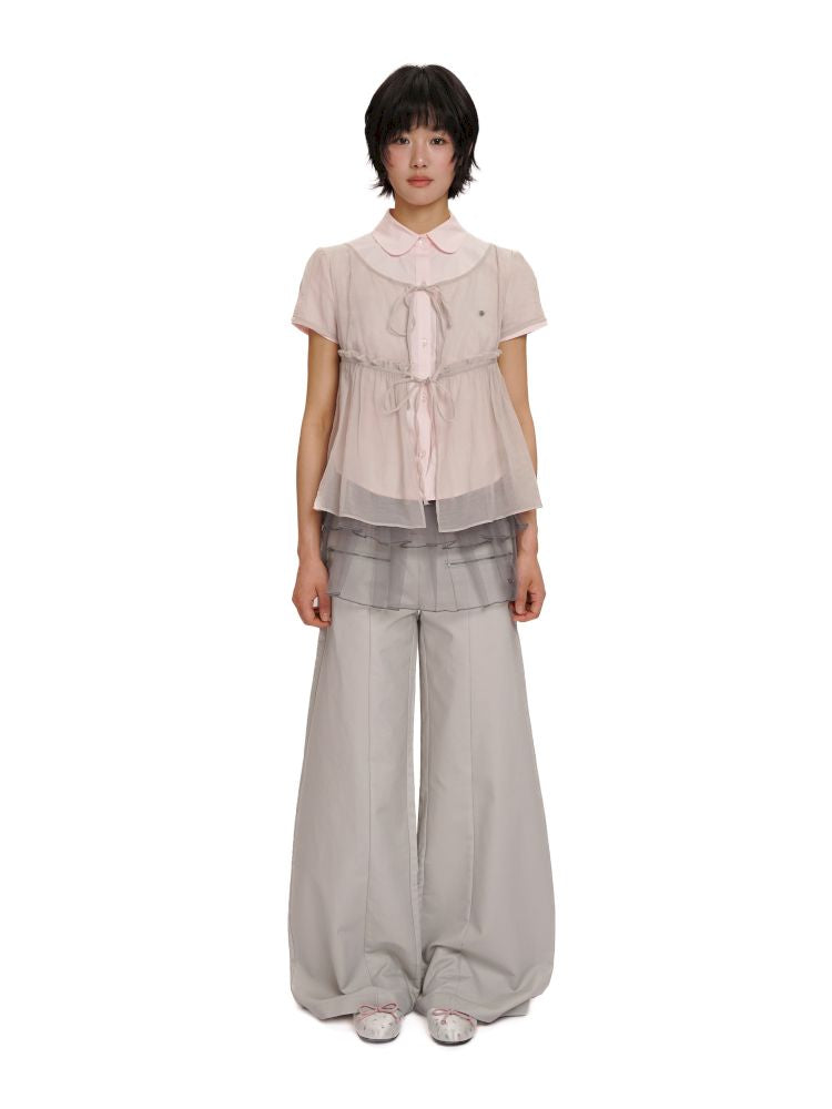 Lace Bottom Hem Slim Short Sleeve Shirt【s0000012487】