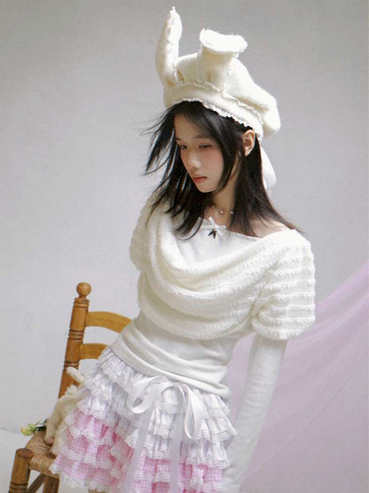 Draped Collar Bow Knitted Two-Piece Top【s0000014938】