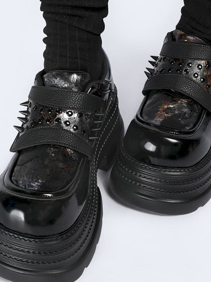 Rivets dark black small leather shoes【s0000013709】