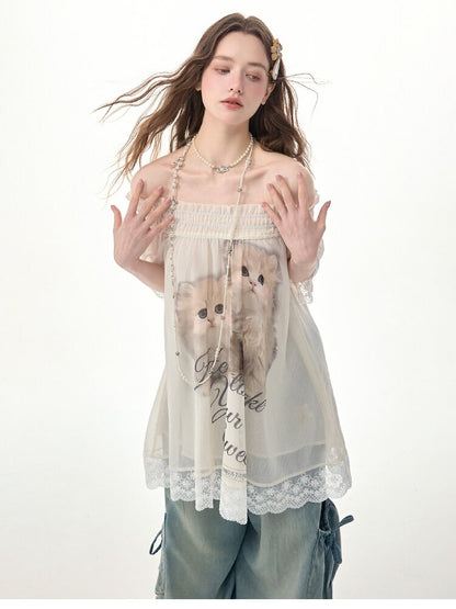 Lace Patchwork Cat Print T-Shirt【s0000017303】