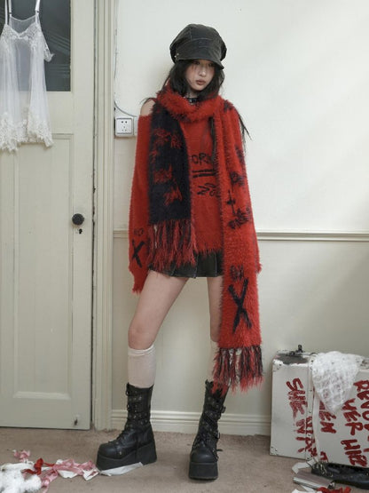 Reversible Knitted Red Scarf【s0000010725】