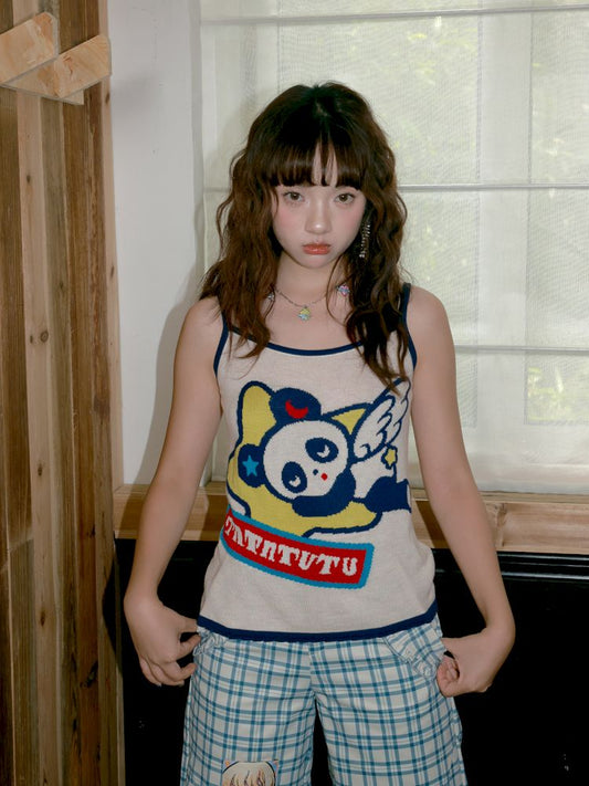 Panda angel pattern knitted halter top【s0000012755】