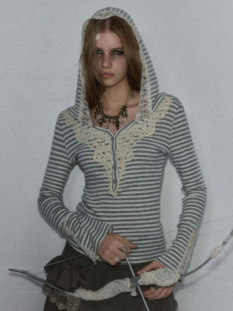Lace Patchwork Striped Knit Top【s0000019240】