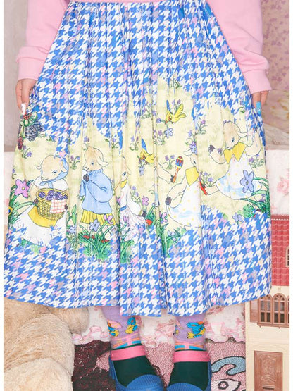 Blue Houndstooth Plaid Lamb Print Skirt【s0000014824】