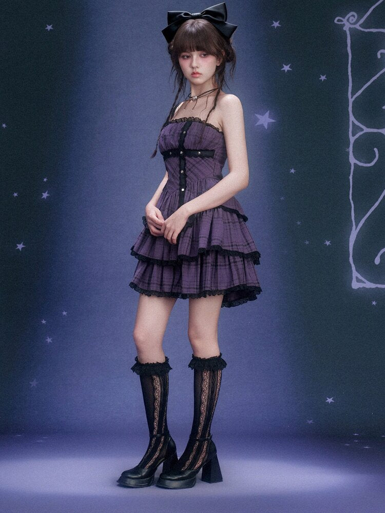 Purple Plaid Bandeau Cake Dress【s0000015757】