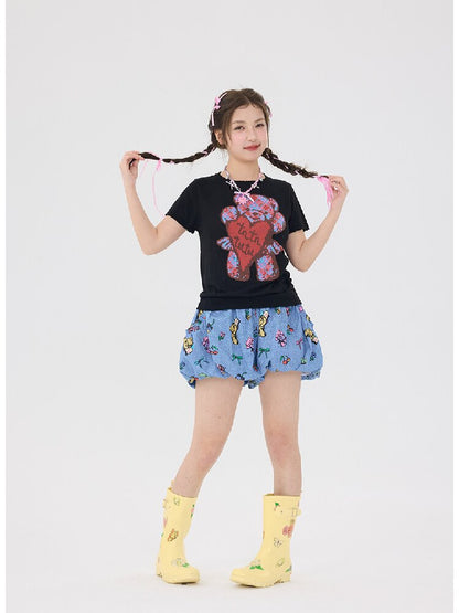 Denim Bear Printed Pumpkin Pants【s0000016706】