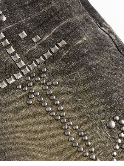 Riveted Distressed Dirty Dye Denim Pants【s0000019246】