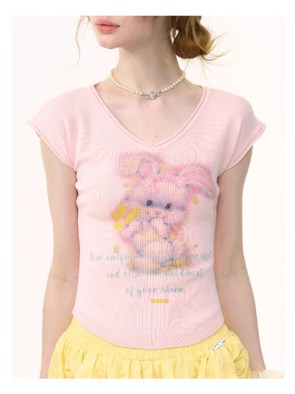 Rabbit Printing V-Neck Short Sleeve T-shirt【s0000012236】