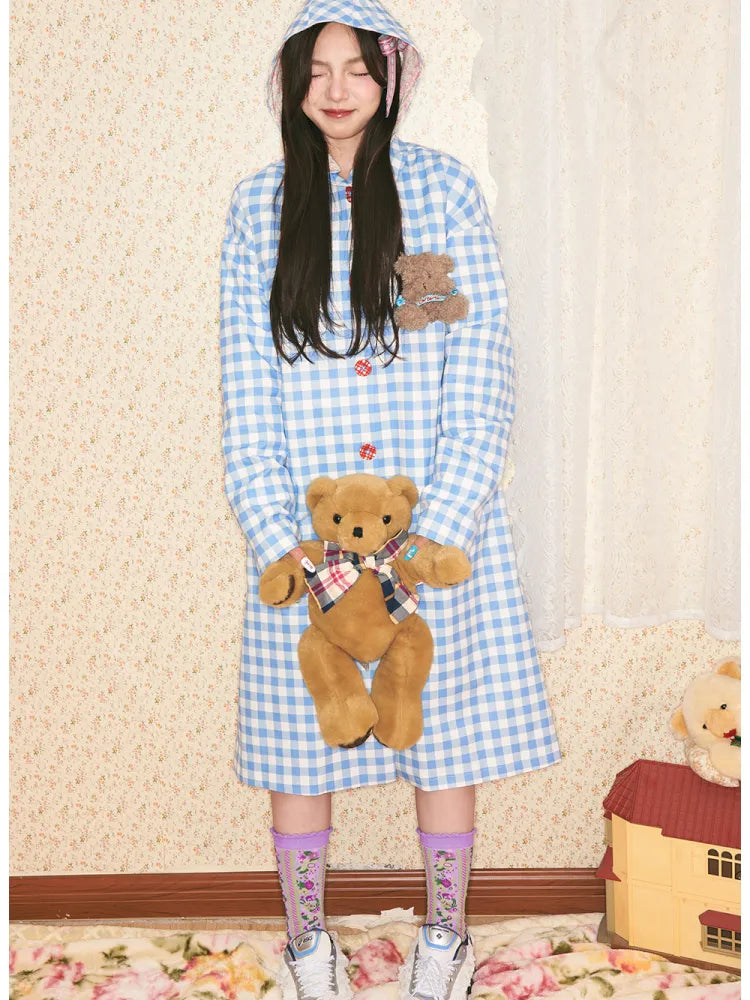 Blue plaid detachable-hood trench coat【s0000014149】