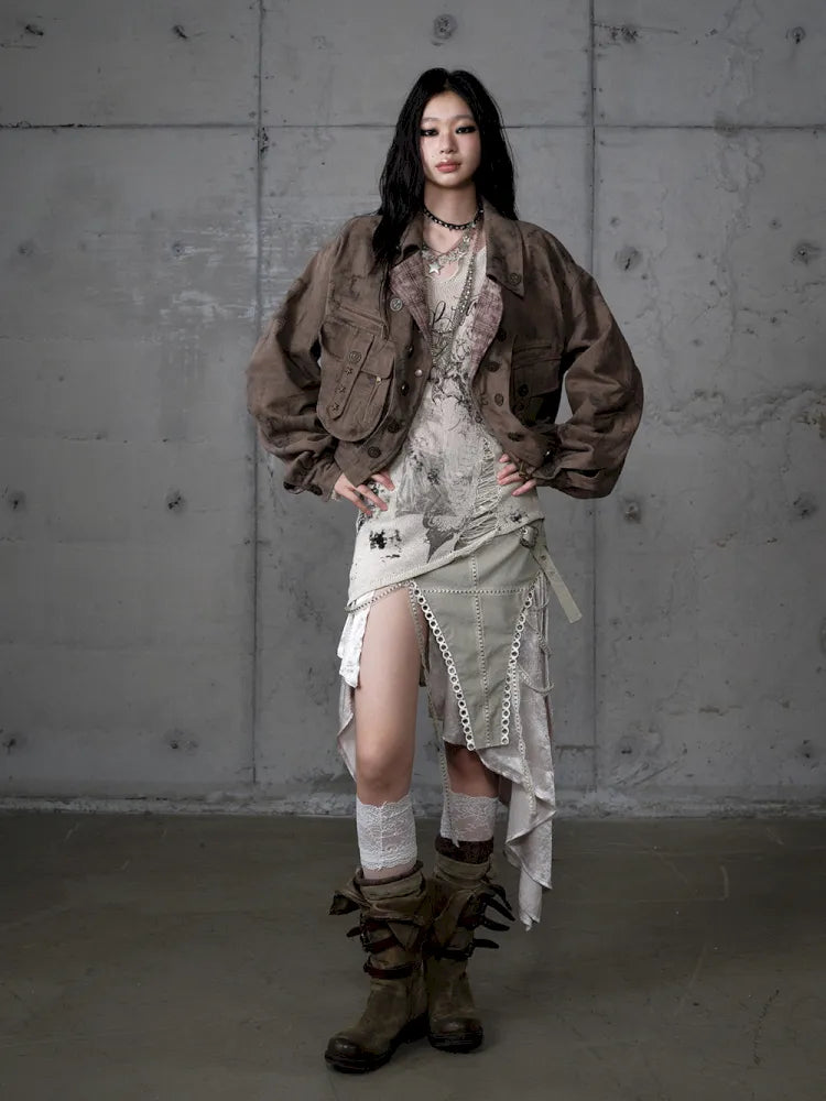 Plaid functional distressed dirty jacket【s0000014114】