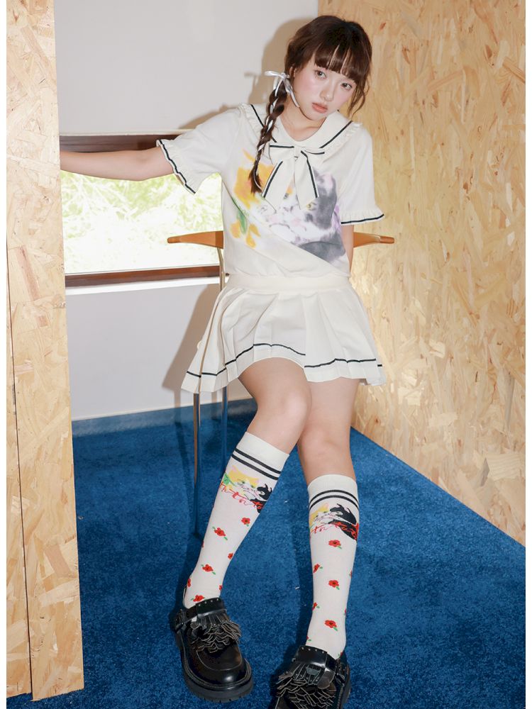 Kitten Printed Navy Neck Short Sleeve Half Dress【s0000013339】