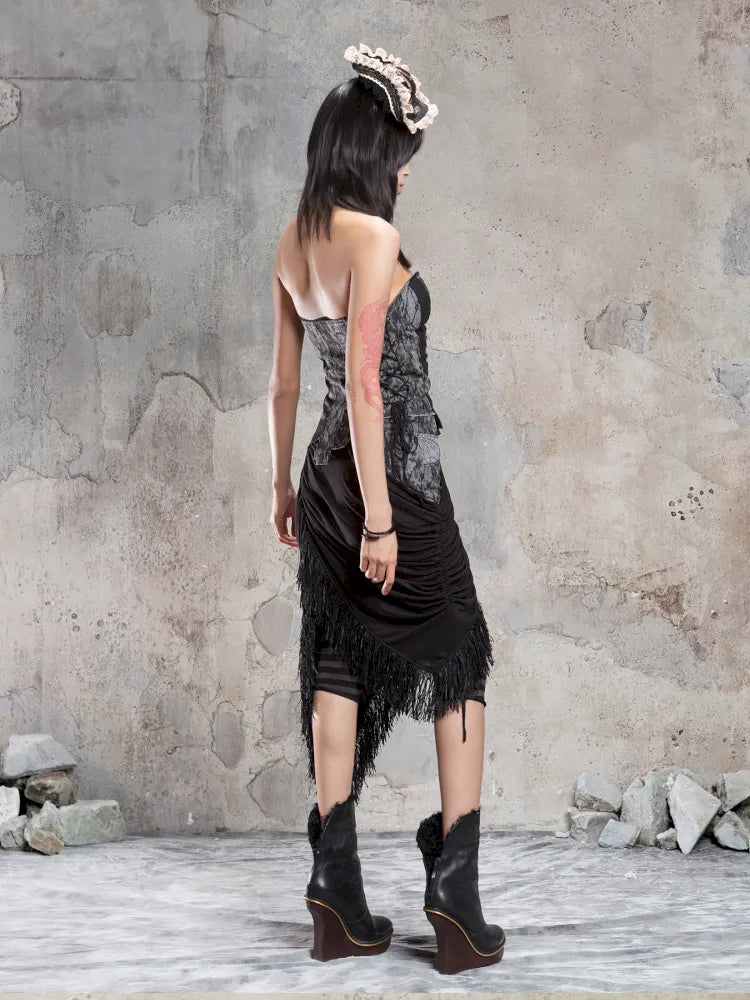 Asymmetric Knit Patchwork Drawstring Skirt【s0000014125】