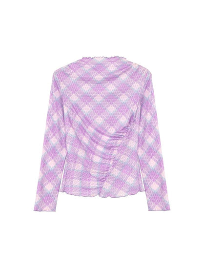 Flower Plaid Drawstring Mesh Long Sleeve Bottom Shirt【s0000009784】