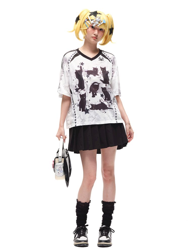 Black cat print shoulder sleeve t-shirt【s0000012586】